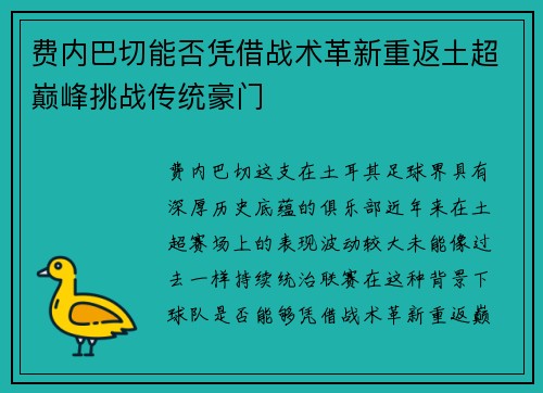费内巴切能否凭借战术革新重返土超巅峰挑战传统豪门