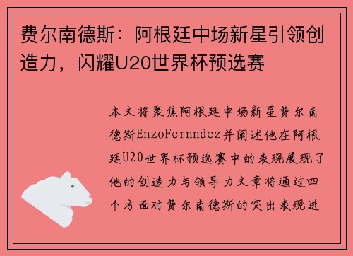 费尔南德斯:阿根廷中场新星引领创造力,闪耀U20世界杯预选赛 费尔南德斯:阿根廷中场新星引领创造力,闪耀U20世界杯预选赛