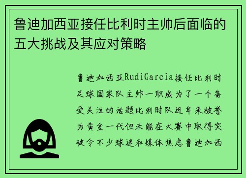 鲁迪加西亚接任比利时主帅后面临的五大挑战及其应对策略
